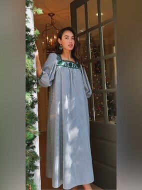 Mi Golondrina Marta Verde Midi Dress Green Embroidered Boho Cotton XS